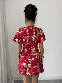 Rafferiza Elegant Elastic Waist Cinched Waist Apricot & Gold Crossover Button Front Ruffle Hem Butterfly Sleeve Front Slit Hem Cropped Dress For Women - Red - View 2