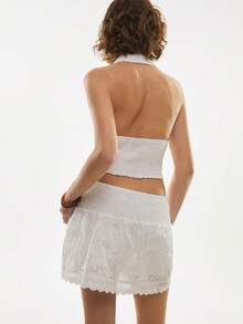 Poéselle 2pcs Embroidered Halter Backless Top And Mini Skirt Set,White Embroidered Two Piece Set For Women, Halter Crop Top And Mini Skirt, Hollow Out Lace Summer Co-Ord Outfit - White - View 2