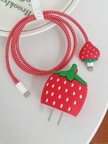 4pcs Red Cartoon Cute Strawberry & Apple Phone Charger Protective Shell, Data Cable Protector, Connector Case Compatible With Apple 18/20W Charger And Data Cable, Tangle-Free Storage, Anti-Collision, Scratch And Dirt Resistance Protection - Red - View 3
