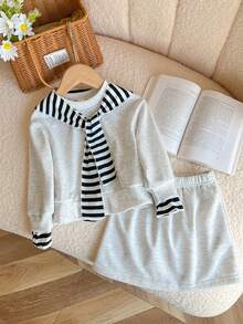 Genkimix Kids 3pcs/Set Toddler Girls Korean Style Light Grey Sweatshirt And Skirt And Stripe Scarf,  Kid Long Sleeve Preppy School Outfit - Grey - View 1
