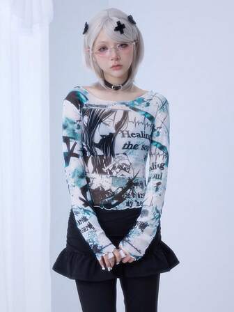 Women's Anime Medical-Themed Sexy Sheer Vintage Tie-Dye Print Blouse