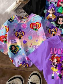 SHEIN Bộ 3 áo thun nữ phong cách thường ngày, họa tiết anime/K-Pop dễ thương, màu tím, nhuộm ombre, đen cá tính, cổ tròn, tay ngắn, thích hợp cho đi chơi, du lịch, xem hòa nhạc, mùa xuân/hè. - Nhiều màu - Xem 5
