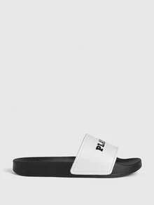 Missguided x Playboy Slip On Slides With Bold Lettering Logo Single Wide Strap Open Toe Flat Summer Pool Sandals - White Black - View 1