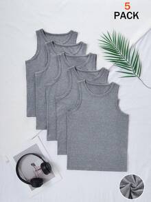 5pcs Boys' Comfortable Casual Sleeveless Solid Gray Crew Neck Undershirt Vest, Versatile Basic Layering Piece, Soft Stretchy Knit Fabric, Machine Washable - Multicolor - View 1