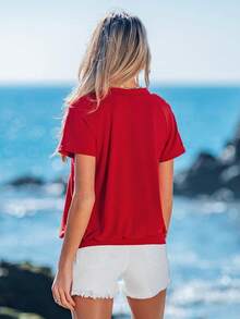 Sylviya Solid V Neck Raglan Sleeve Tee,Vacation - Red - View 2