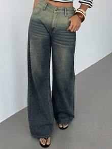 Aloruh 女士直筒宽松休闲口袋牛仔裤，百搭 - 藍色 - 查看 3