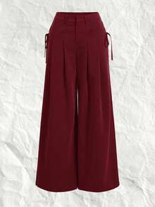 SHEIN EZwear 酒红色加大码女士西装裤，纹理面料，适合秋冬季穿着 - 酒紅色 - 查看 5