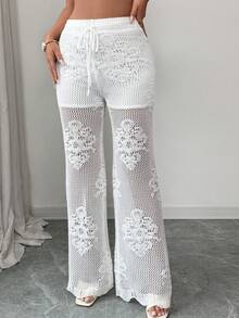 Elenzga 女士春夏新款弹力腰带镂空花卉衬里时尚优雅女士沙滩裤，带抽绳腰带针织长裤 - 白色 - 查看 1