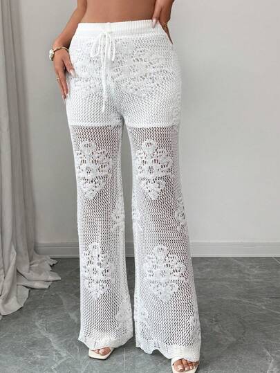 Elenzga 女士春夏新款弹力腰带镂空花卉衬里时尚优雅女士沙滩裤，带抽绳腰带针织长裤