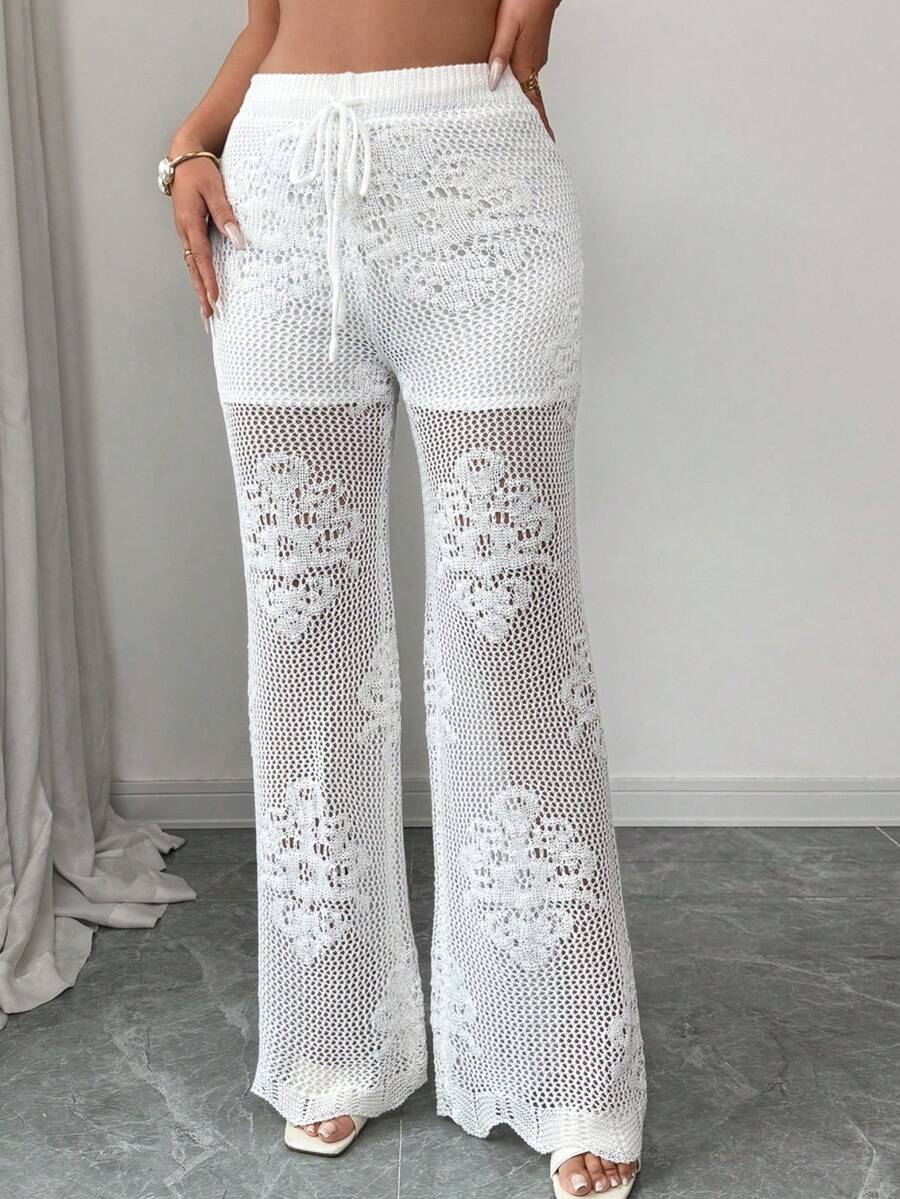 Elenzga 女士春夏新款弹力腰带镂空花卉衬里时尚优雅女士沙滩裤，带抽绳腰带针织长裤 - 白色 - 查看 1