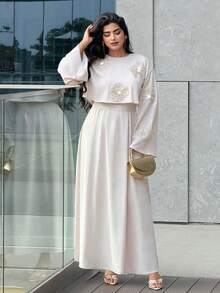 Yasmyna Women's Elegant Applique Decor Round Neck Drop Shoulder Arabic Style Dress, Autumn - Apricot - View 6