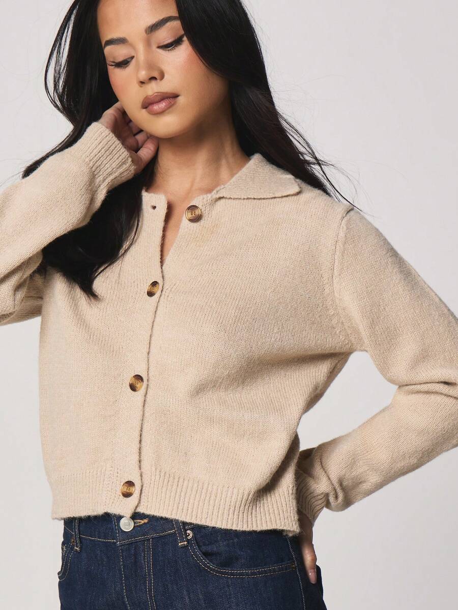 MISSGUIDED Women Cozy Button Front Collared Knit Cardigan Long Sleeve Fall Winter Sweater Jacket - Apricot - View 1