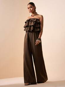 Zivah 女士纯色荷叶边拼接复古休闲连体裤阔腿裤 - 咖啡棕 - 查看 4