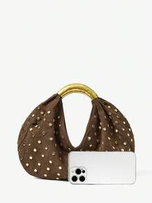 Maija 女士手提包，麂皮材质，复古铆钉设计，金色金属手柄，时尚优雅，简约百搭，可定制，经典百搭，适合通勤、办公、约会、日常、购物、下午茶等场合。 - 咖啡 - 查看 5