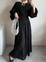 FRIFUL Solid Color 2 In 1 Textured Fabric Tie Waist Loose Flared Hem Casual Dress