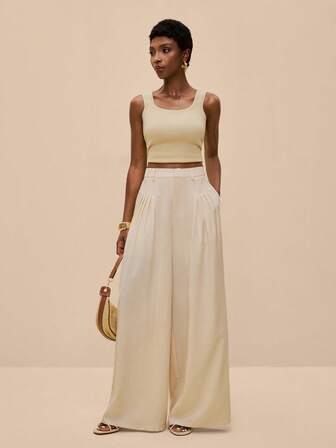 SHEIN Veneréa Vacation Casual Solid Color Front Pleated Wide Leg Pants