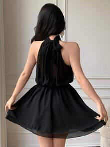 Celisse 黑色立领荷叶边下摆优雅女士迷你连衣裙 - 黑色 - 查看 2