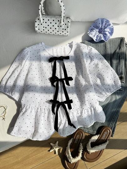 Comfortcana 加大码女式夏季波点印花荷叶边上衣，饰有撞色蝴蝶结