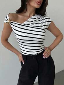 Women's Asymmetric Shoulder Wrap Ruched Waist Tight Fit T-Shirt With Metal Decor, Elegant Modest Daily Commute Tops, White, Spring/Summer One Shoulder Top Stripe Top,Summer Top - Black and White - View 6