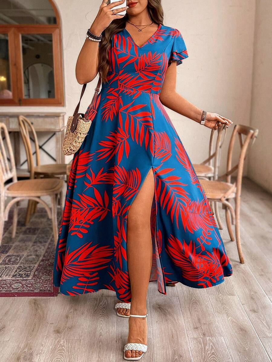 Breezaya Plus Size Boho Dusty Blue Long Dress With Red Random Print Deep V Neck Flounce Short Sleeve - Dusty Blue - View 1