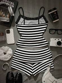 Attitoon 两件套女士蕾丝吊带背心和褶皱短裤，适合夏季穿着 - 彩色 - 查看 2