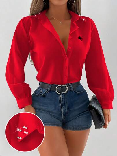 INAWLY Camisa de manga larga con estampado de cristales, informal y cómoda para ir a la oficina