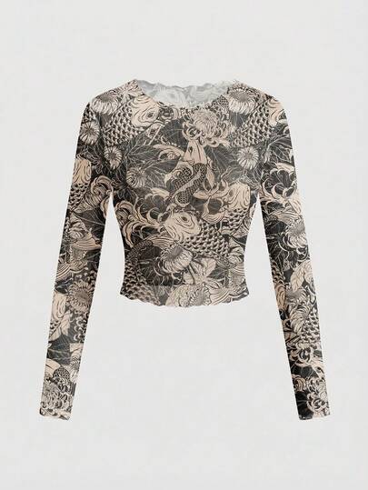 ROMWE Avant Sexy transparentes Mesh-Langarmoberteil mit chinesischem Stil Goldfisch, Koi Fisch & Chrysanthemen Grafik
