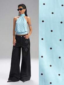 LYSMO 女士波点高领拉链针织吊带背心，无袖，简约休闲，适合日常通勤，蓝色 - 藍色 - 查看 3