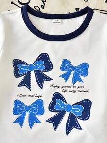 2pcs/Set Spring/Summer Toddler Girls' Outfit, White Round Neck Short Sleeve T-Shirt + Blue Flare Leg Pants, Blue Trim Collar & Cuffs, Bow & Text Print, Elastic Waist, Cute & Sweet Style Suitable For Play, Small Gatherings, Outings - Multicolor - View 6