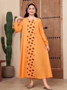 SHEIN Tween Girl Orange Floral Ombre Rose Pattern Patchwork Bow Decor Loose Wide Neck Long Sleeve Robe,Autumn Modest Wedding Guest Arabian Long Dress - Orange - View 7