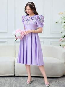 SHEIN Đầm xếp ly tay lửng màu tím thanh lịch dành cho thiếu nữ, chất liệu dệt jacquard, họa tiết hoa, thích hợp cho tiệc tối và mùa cưới. - Màu tím - Xem 5