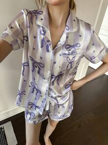 SHEIN Bộ đồ ngủ nữ 2 món gồm áo ngắn tay và quần đùi, họa tiết sọc, thắt nơ, có túi, thích hợp cho mùa xuân/hè/thu. - Nhiều màu - Xem 4