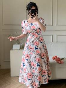DAZY Women's Elegant Floral Print Square Neck Puff Sleeve Dress, Summer Wedding Guest Dress - Pink - View 6