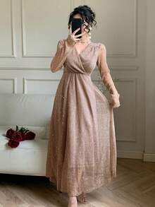 DAZY Women's Elegant Sequin V-Neck Long Dress, Spring/Summer - Apricot - View 6
