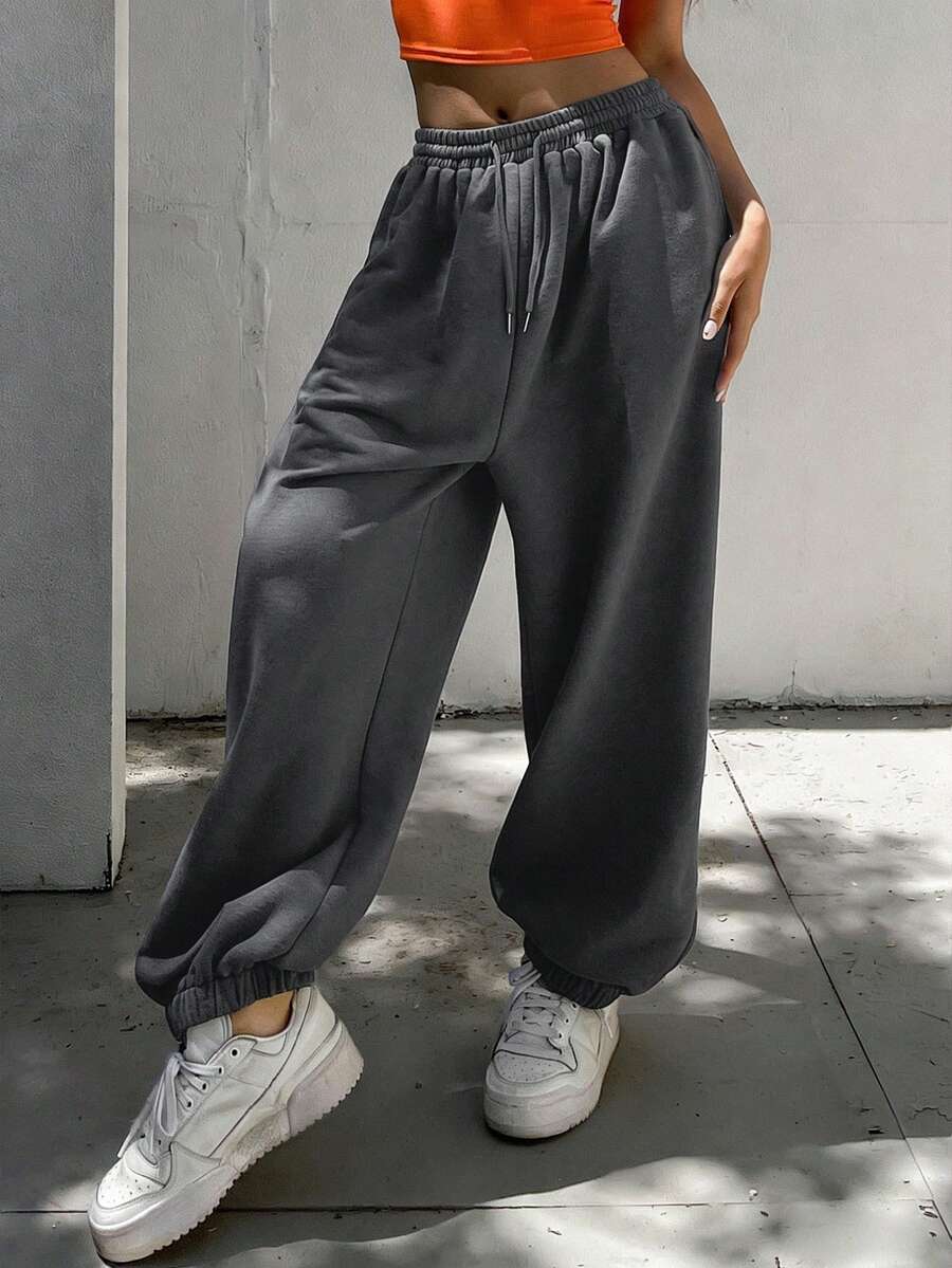 DAZY Women's Loose Drawstring Waist Ankle Cuffed Long Sweatpants Y2k - Grey - View 1