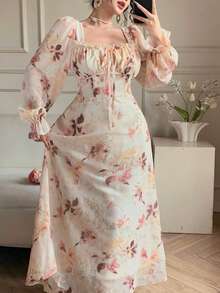 DAZY 春夏碎花雪纺连衣裙，优雅百搭，适合婚礼、派对、正式场合、度假、海滩等各种场合。收腰设计，喇叭袖，系带款式，长袖波西米亚风连衣裙。 - 淺粉色 - 查看 5