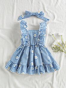 SHEIN Vintaside Kids 这款粉白格纹吊带连衣裙，搭配可爱的草莓印花，营造出清新自然的氛围。肩部饰以荷叶边，完美诠释了夏日时尚优雅活泼的气质。A字版型，采用轻盈透气的面料，适合假日派对、周岁婚礼、景区游览、拍照等各种场合穿着。 - 藍色 - 查看 4