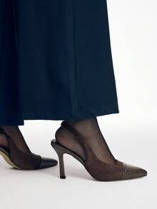 Mnmlis 新款复古棕色尖头细高跟鞋，仿麂皮和蛇皮纹理，适合工作和派对场合 - 咖啡棕 - 查看 5