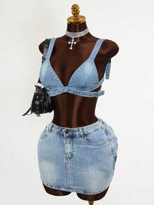 Mistrie 女士时尚街头风水洗镂空纽扣牛仔衬衫，夏季 - 藍色 - 查看 5