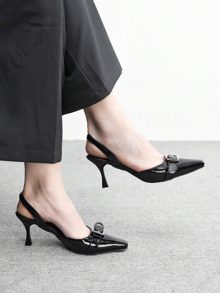 CUCCOO BIZCHIC Women's Outdoor Round Toe Stiletto Heels, PU Leather, Buckle Decor, Fashionable Minimalist Design, Comfortable For Daily, Party, Banquet, Slip-On Hollow-Out Pumps Valentine's Day