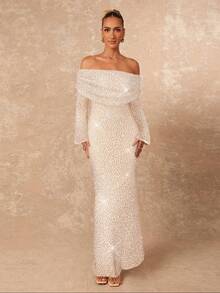 Lumalex Off-Shoulder Ruffle Hem Bodycon Long Sleeve Dress For Women Off The Shoulder Long Sleeve Off Shoulder Dress - Apricot - View 3