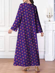 Al Najma 女士阿拉伯印花V领长袖沙尔基印花长袍，端庄长款连衣裙 - 紫色 - 查看 2