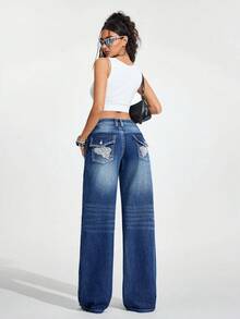Flirla Women's Casual Washed Low Waist Wing Embroidered Jeans Women Baggy Jeans Flare Jeans Jeans With Wing Embroidery Wide Leg Jeans Long Jeans - Blue - View 1