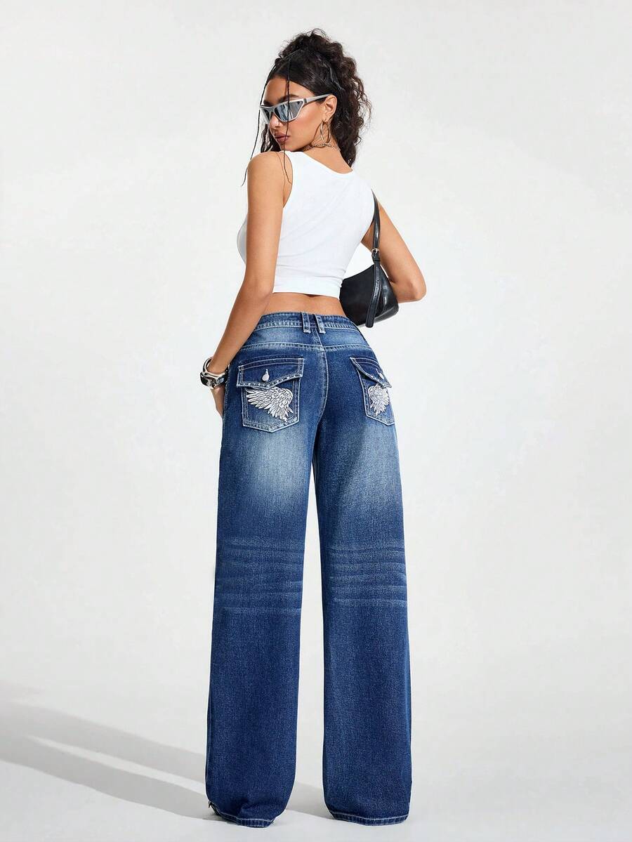 Flirla Women's Casual Washed Low Waist Wing Embroidered Jeans Women Baggy Jeans Flare Jeans Jeans With Wing Embroidery Wide Leg Jeans Long Jeans - Blue - View 1
