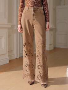 Anewsta Quần jeans nữ màu nâu thêu họa tiết cao cấp, thích hợp cho mùa xuân/hè, thanh lịch khi đi làm, hoặc dịp Lễ Tình nhân. - màu nâu - Xem 4