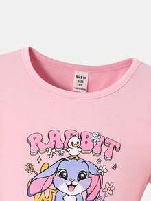SHEIN 2pcs/Set Young Girls Light Pink Summer Cartoon Rabbit Print Short Sleeve Tee Top With Drawstring Sides And Graphic Flare Pants,Kids Fashionable Set - Pink - View 10