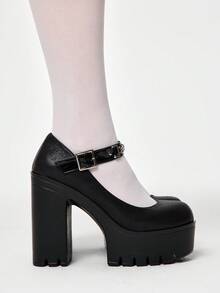 ROMWE Grunge Punk Giày cao gót đế dày, màu trơn, chất liệu vải sần, gợi cảm dành cho nữ, thích hợp đi hộp đêm, dự tiệc. Giày cao gót Mary Jane thời trang xuân/thu, trang trí dây xích kim loại, thoải mái khi đi làm, công sở. - màu đen - Xem 4