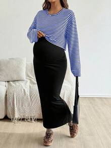 SHEIN 2pcs Set: Raglan Sleeve Striped Top And Solid Color Tight Maternity Outfit, Suitable For Autumn - Royal Blue - View 5