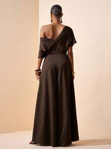 Zivah 女士纯色斜肩口袋时尚复古休闲连体裤阔腿裤 - 棕色 - 查看 3