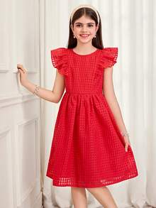 SHEIN Vestido casual con cuello redondo y volantes en el bajo para niña preadolescente de unicolor tejido - Morado - Ver 4